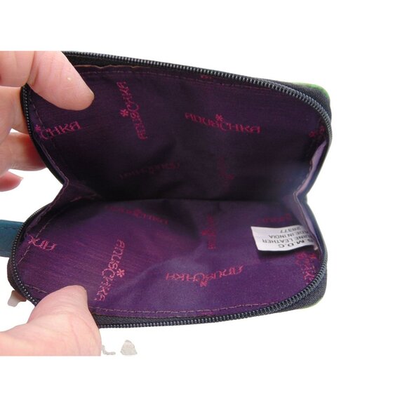 Anuschka Leather Crossbody Purse Wallet Teal Blue Feather Peacock Hand Painted - Picture 12 of 16